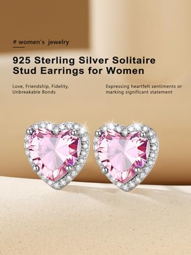 Bestyle Authentic 925 Sterling Silver 2 Carat Birthstone Earrings for Women, More Sparkle Heart/Round Solitaire Diamond Studs Earrings, Great Birthday/Christmas/Anniversary Jewelry for Wife Mother - color: 10. Oct. Pink Tourmaline-Heart