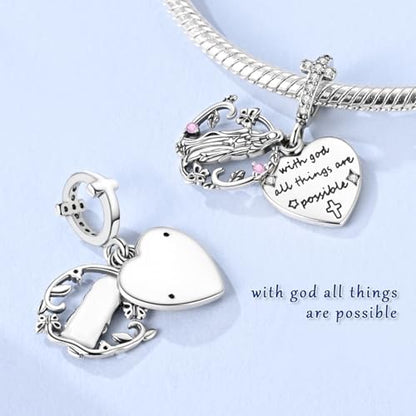 Hapour 925 Sterling Silver Charms for Bracelet Necklace Dangle Pendant Bead | Bear Charm, Elephant Zebra Cat Dream catcher Family Birthday European Jewelry Charm, For Women Mom - color: Virgin Mary Heart