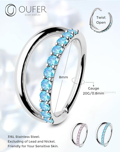 OUFER Nose Rings Silver, 20G Double Hoop 8MM Nose Rings, Seamless Stainless Steel Rook Daith Piercing Jewelry for Women & Men - style: Style3-Blue