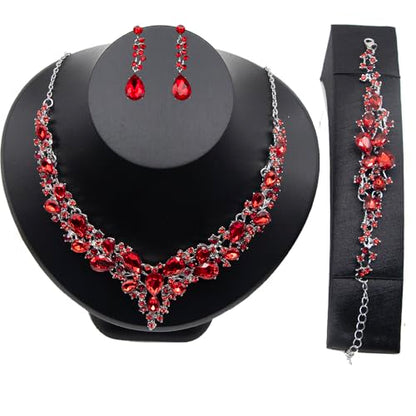Crystal Bridal Jewelry Set, Floral Statement Necklace, Earrings, Bracelet, Wedding Accessories - color: Red