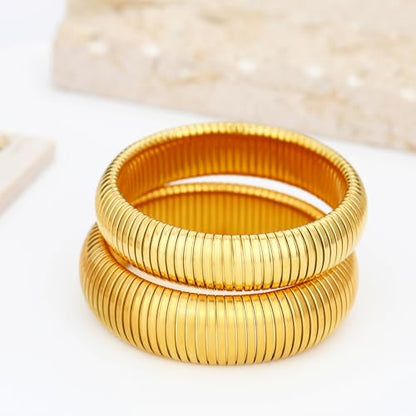 Gold Chunky Stretch Snake Chain Bangle Bracelets Stack for Women Trendy, 18K Gold Filled Stainless Steel Stretchy Womens Stackable Wristband Bangles Bracelet Set - style: GOLD 16MM&20MM