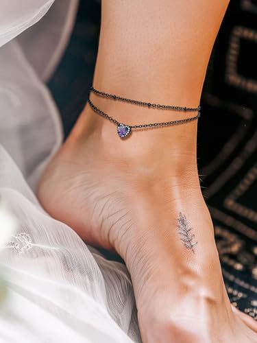 Richsteel Double Layer Heart/Butterfly Birthstone Anklet for Women | Non Tarnish Waterproof, Silver/Gold/Black Stainless Steel 8.5-10.5 Inch Adjustable Chain Anklets Summer Beach Foot Jewelry - color: Black Heart-06 Jun.(Alexandrite)