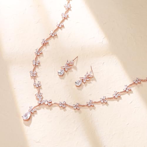 Crysdue Women's Wedding Bridal Jewelry Set for Brides Bridesmaids Cubic Zirconia Flower Leaf Vine Necklace Dangle Earrings for Prom Party - style: 17-rose gold