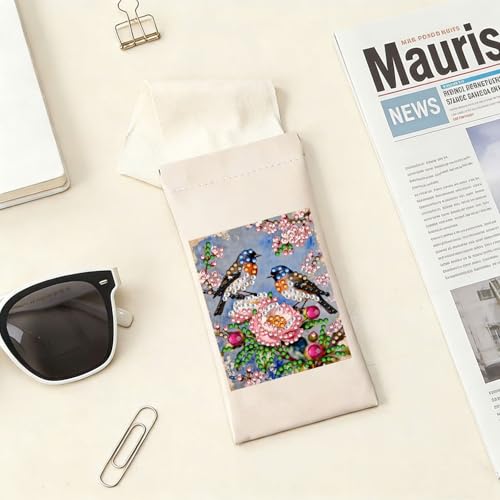Diamond Art Painting Eye Glass Bag PU Sunglasses Glasses Storage Bag Built-in Glasses Cloth Press Automatic Closure - color: Birds