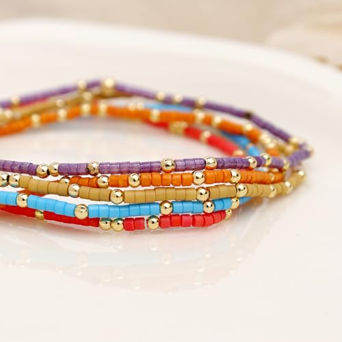 Gold Seed Beaded Bracelets Set for Women, Boho Handmade Friendship Stretch Summer Beach Jewelry Gift. - color: 2001B