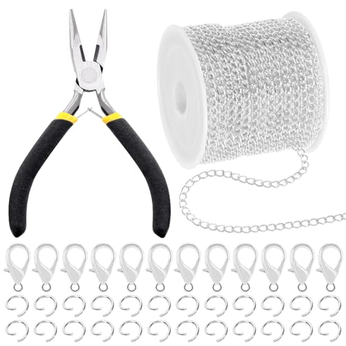 Mardatt 102Pcs Jewelry Making Kit, 10 Yards Necklace Chains with 50Pcs Open Jump Rings, 50Pcs Lobster Clasps, Chain Nose Pliers for DIY Necklace Bracelet Jewelry Making (Silver) - color: Silver