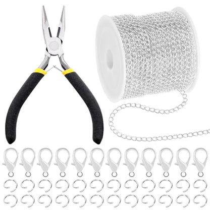 Mardatt 102Pcs Jewelry Making Kit, 10 Yards Necklace Chains with 50Pcs Open Jump Rings, 50Pcs Lobster Clasps, Chain Nose Pliers for DIY Necklace Bracelet Jewelry Making (Silver) - color: Silver
