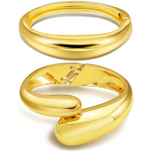 RechicGu 2pcs Golden Color Plated Cuff Waterdrop Teardrop Bangle Bracelet for Women Gift,Chunky Twisted Hinge irregular Minimalist Wide Thick Golden Open Oval Wrist Bracelet Jewelry Set - color: Oval Bangle Golden