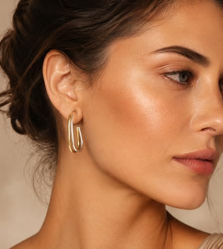 LeCalla Real 925 Sterling Silver C Hoop Earrings | Lightweight Small Hoops Italian Half Earring Hoops for Women - color: Two-Tone Oval Hoops-30mm