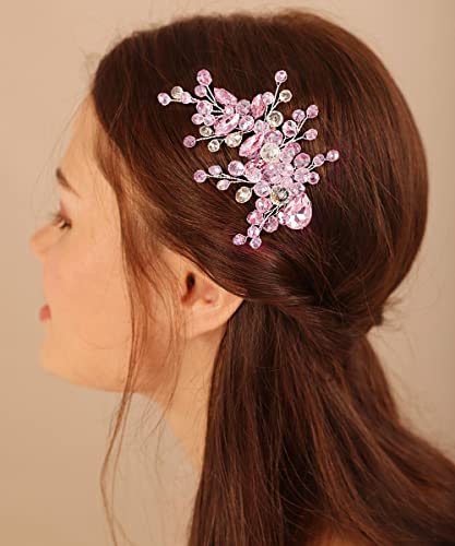 Xerling Rhinestones Hair Accessories for Women Wedding Pink Crystal Hair Clip Bridal Side Comb Hair Jewelry (Pink) - color: Pink