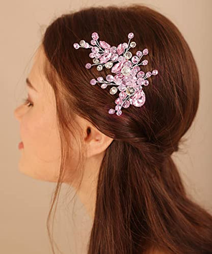 Xerling Rhinestones Hair Accessories for Women Wedding Pink Crystal Hair Clip Bridal Side Comb Hair Jewelry (Pink) - color: Pink