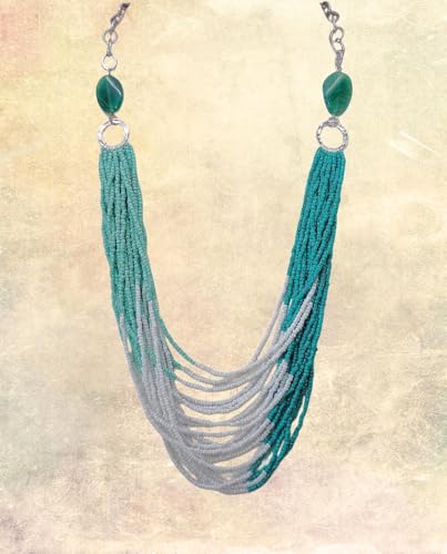 Turquoise Multi Strand Seed Bead Necklace for Women – Boho Chic Statement Necklace with Agate Stones – Layered Summer Jewelry