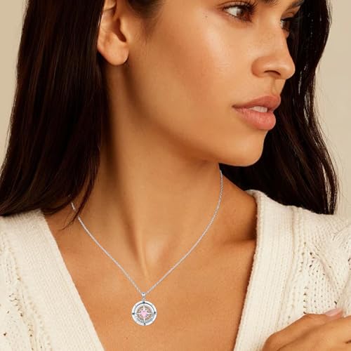 Compass Necklace Sterling Silver Nautical Graduation Gift | 925 Sterling Silver compass pendant with meaningful nautical design, jewelry for women, graduation and travel gift - color: Pink-2