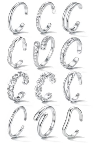 YADOCA Gold Toe Rings for Women Non Tarnish - Adjustable Silver Toe Ring | 12Pcs 14K Gold Filled Toe Rings Set - Waterproof Summer Beach Foot Jewelry - Hypoallergenic Open CZ Flower Hug Band - color: Silver