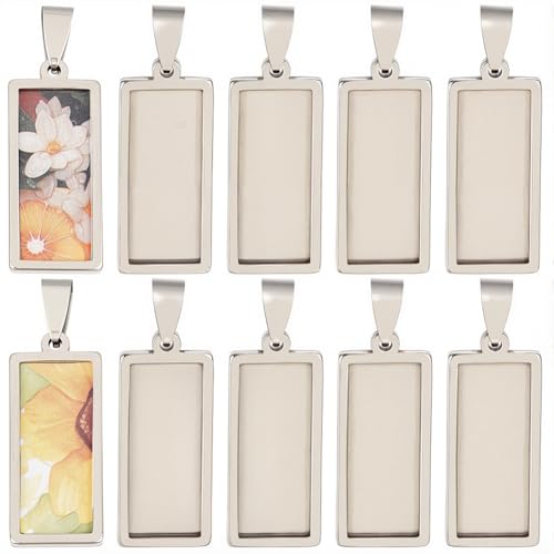 1 Box 10Pcs Stainless Steel Pendant Trays Bulk Rectangle Bezel Blanks 31x13mm Silver Charms Tray Base Cabochon Bezel Blank for Jewelry Making Resin Photo Craft DIY Necklace Bracelets Adults - style: silver rectangle