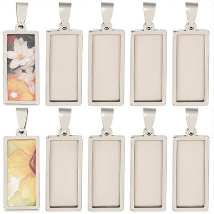 1 Box 10Pcs Stainless Steel Pendant Trays Bulk Rectangle Bezel Blanks 31x13mm Silver Charms Tray Base Cabochon Bezel Blank for Jewelry Making Resin Photo Craft DIY Necklace Bracelets Adults - style: silver rectangle