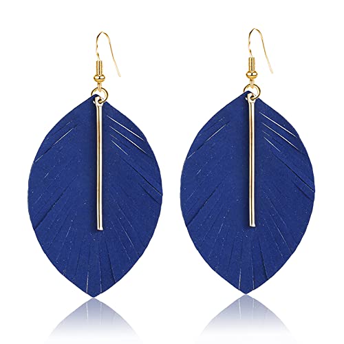 GBAHFY Feather Leather Layered Fringe Earrings for Women Boho Genuine Lightweight Leather Leaf Tassel Dangle Statement Earrings with Metal Bar - color: Blue