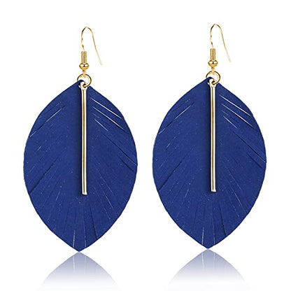 GBAHFY Feather Leather Layered Fringe Earrings for Women Boho Genuine Lightweight Leather Leaf Tassel Dangle Statement Earrings with Metal Bar - color: Blue