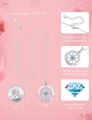 Meeshi Silver Compass Necklace for Women Birthday Gifts for Wife Anniversary Necklace for Women Rose Flower Birthstone Necklaces for Wife Jewelry for Womens Girlfriend Mom Daughter - style: 12-December-Turquoise