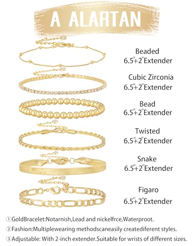 Gold Bracelets for Women 14K Gold Plated Stack Trend Bracelets Charm Paperclip Chain Cuban Link Layered Waterproof Bracelet Dainty Bracelet for Women Jewelry Gifts - color: 6Pcs Beaded Gold