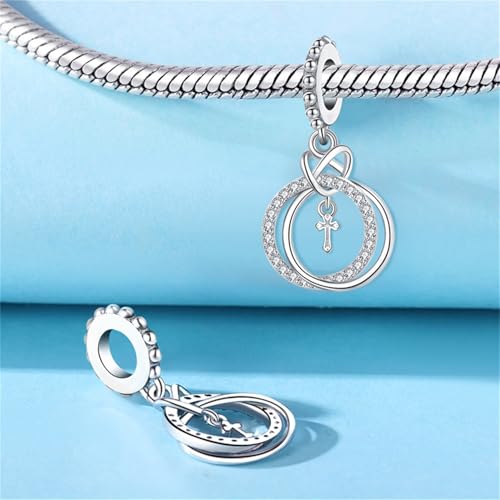 925 Sterling Silver Charms for Bracelets and Necklace Religious Cross Pendants Praying Hands, Bible, Virgin Mary, Jesus, Church Bead Jewelry - color: Annular Cross Charms