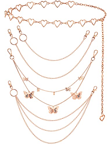 Jadive 5 Pieces Belt Chain Jeans Pants Pocket Waist Multi-Layer Hip Hop Metal Wallet Chain for Men Women - style: Butterfly, Heart, Rose Gold