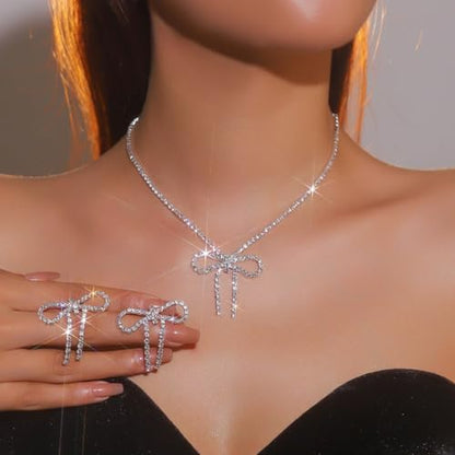 Gold Rhinestone Jewelry Set for Women Crystal Choker Necklaces Drop Earrings Adjustable Bracelet Elegant Prom Bridal Jewelry - color: Silver A