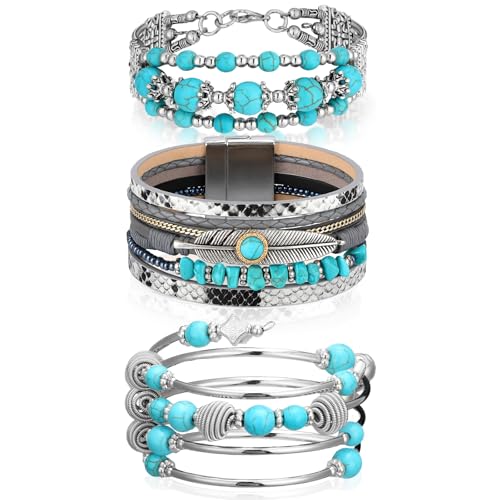 Inbagi 3 Pcs Western Jewelry for Women Turquoise Bracelet Native American Jewelry Western Gift for Women Silver Bohemian Turquoise Cuff Bracelets(Vintage) - style: Vintage