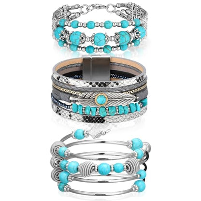 Inbagi 3 Pcs Western Jewelry for Women Turquoise Bracelet Native American Jewelry Western Gift for Women Silver Bohemian Turquoise Cuff Bracelets(Vintage) - style: Vintage