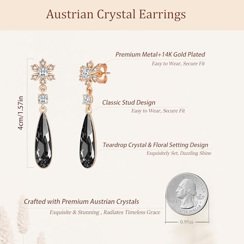 Austrian Crystal Teardrop Earrings Flower Dangle Earrings for Women 14K Gold Plated Drop Stud Earrings Hypoallergenic Jewelry - color: Black