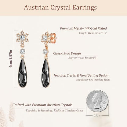 Austrian Crystal Teardrop Earrings Flower Dangle Earrings for Women 14K Gold Plated Drop Stud Earrings Hypoallergenic Jewelry - color: Black