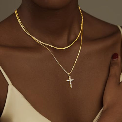 Poxtex Cross Necklace for Women Teen Girls, Dainty 14K Gold Silver Plated Cross Choker Jewelry Non Tarnish Waterproof Cute Simple Small Necklace Christian Baptism Religious Faith Jewelry Gifts - color: 09 Layered cross necklace-gold