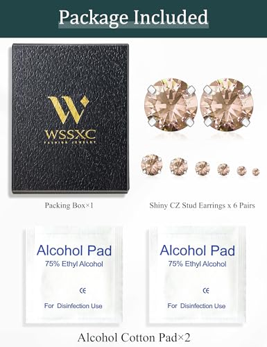 6 Pairs Stud Earrings Set, Hypoallergenic Cubic Zirconia 316L Earrings Stainless Steel CZ Earrings 3-8mm (Steel color) - color: A-010-Champagne Color