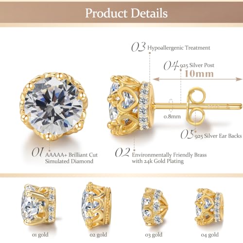 Hypoallergenic Cubic Zirconia Stud Earrings for Women & Men 24K Gold Plated Sterling Silver Post, CZ Simulated Diamond Halo Studs Sensitive Ear Friendly Gift (ED-31) - color: Gold 04