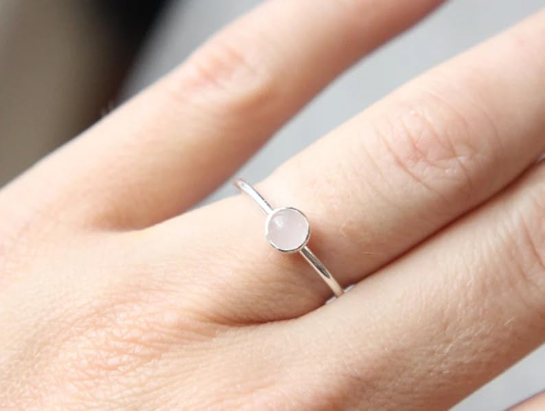 Solid 925 Sterling Silver Natural Rose Quartz Pink Round Gemstone Solitaire Stacking Band Handmade Women's Ring for Gift