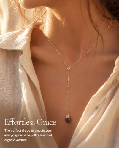Lariat Necklace for Women Dainty Gold Long Crystal Drop Y-Shaped Necklace | 14k Gold Plated Crystal Drop Necklace Trendy Non Tarnish Simple Gold Jewelry For Wedding, Prom, Daily - color: Garnet