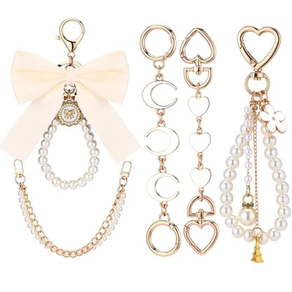 Sureio 5 Pcs Bag Extender Chain Pearl Purse Chain Ribbon Bow Keychain Extender Bag Strap Purse Charms Accessories for Handbag - color: Gold and White