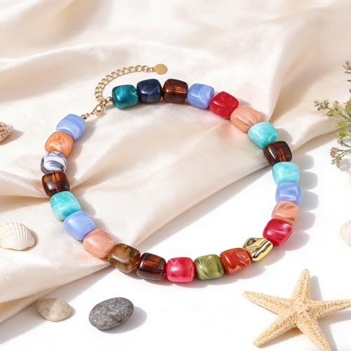 Rainbow Beaded Necklace for Women - Boho Necklaces Chunky Necklace for Summer Vacation Jewelry, Colorful Seed Bead Choker Statement Necklace - color: Thicker B