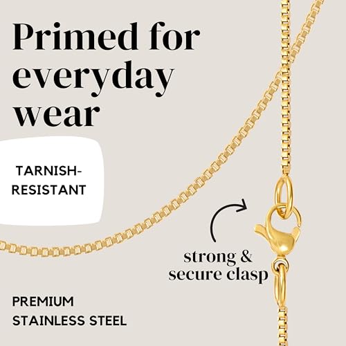KISPER Gold Box Chain Necklace for Women, 24K Plated, Thin Dainty Layering | 1.2mm, 14-36 in, stainless steel, non-tarnish, waterproof, hypoallergenic, nickel-free, lobster clasp