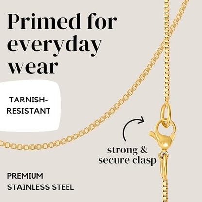 KISPER Gold Box Chain Necklace for Women, 24K Plated, Thin Dainty Layering | 1.2mm, 14-36 in, stainless steel, non-tarnish, waterproof, hypoallergenic, nickel-free, lobster clasp