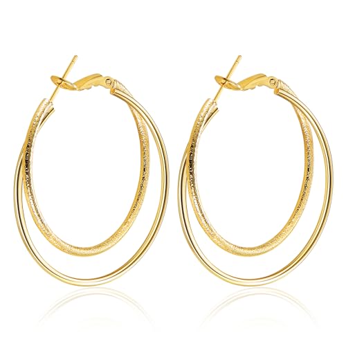 Double Hoop Earrings for Women,925 Sterling Silver Earrings Hoop Post 14K Gold Hoops Non Tarnish Sturdy backless earrings for women,Large Thin Lightweight Hypoallergenic 40mm,Trendy Jewelry Gift - color: Gold
