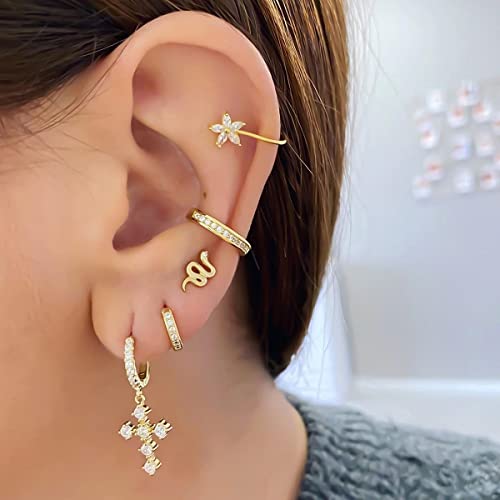 DAILY VIBES Cute Gold Mini Dangle Huggie Hoop Earrings for Women Trendy | 14K Gold Plated, Dainty Cubic Zirconia, Small Hoop Earrings with Charm Drop, Jewelry Gift for Women Ladies - color: Cross B CZ