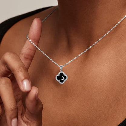 14K Gold Plated | 14K Platinum Plated Necklace for Women Necklace Earrings Set with Sparkling Zircon Inlay and Silver Post Earrings - color: clover suit silver