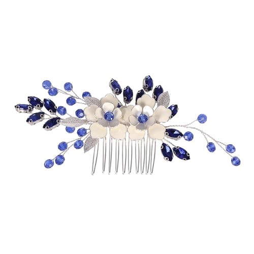 Flower Leaf Design Wedding Hair Comb, Metal Bridal Hair Accessory with Rhinestone, Wedding Prom Hair Clip Headpiece for Women (White Blue Flower) - color: White Blue Flower