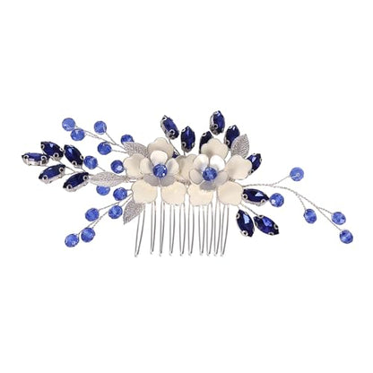 Flower Leaf Design Wedding Hair Comb, Metal Bridal Hair Accessory with Rhinestone, Wedding Prom Hair Clip Headpiece for Women (White Blue Flower) - color: White Blue Flower