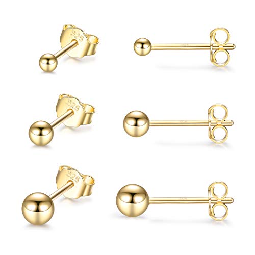 EPIRORA Sterling Silver Stud Earrings for Women- 3 Pairs Tiny Ball Stud Earrings Round CZ Cubic Zirconia Earrings Pearl Earrings Set Cartilage Small Tragus Earrings(2mm,3mm,4mm) - style: Ball earrings(2mm,3mm,4mm)-18k Gold Plated