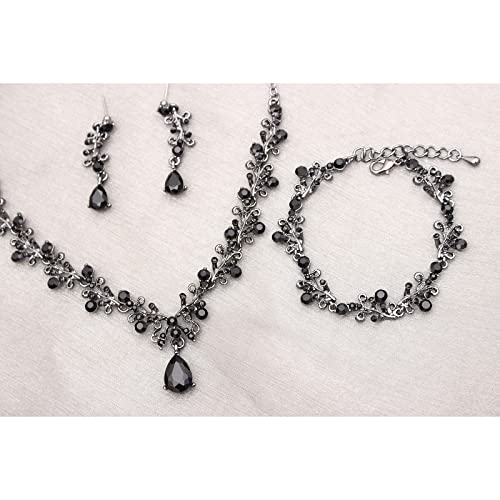 3Pcs Austrian Crystal Jewelry Set for Women, Necklace Dangle Earrings Link Bracelet Jewelry Set with Gold/Platinum/Gun Plated, Wedding Party Jewelry for Bridal Bridesmaid - color: Black-Gun Black