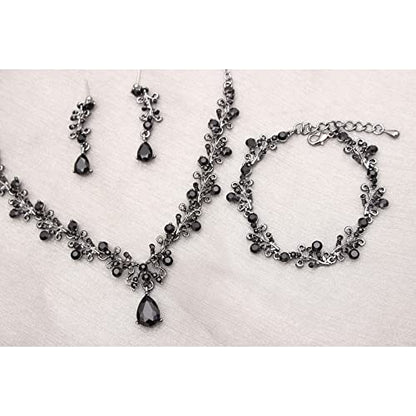 3Pcs Austrian Crystal Jewelry Set for Women, Necklace Dangle Earrings Link Bracelet Jewelry Set with Gold/Platinum/Gun Plated, Wedding Party Jewelry for Bridal Bridesmaid - color: Black-Gun Black
