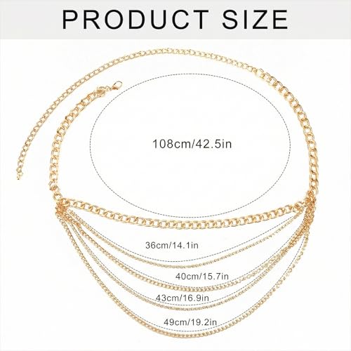 Molain Gold Layered Sparkly Rhinestone Chain Belt, Adjustable Bohemian Waist Belt Gold Rhinestones Belly Waistband for Women