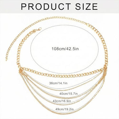 Molain Gold Layered Sparkly Rhinestone Chain Belt, Adjustable Bohemian Waist Belt Gold Rhinestones Belly Waistband for Women